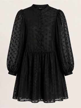 H&M Black Flocked Polka Dot Sheer Puff Sleeve Mini Dress S